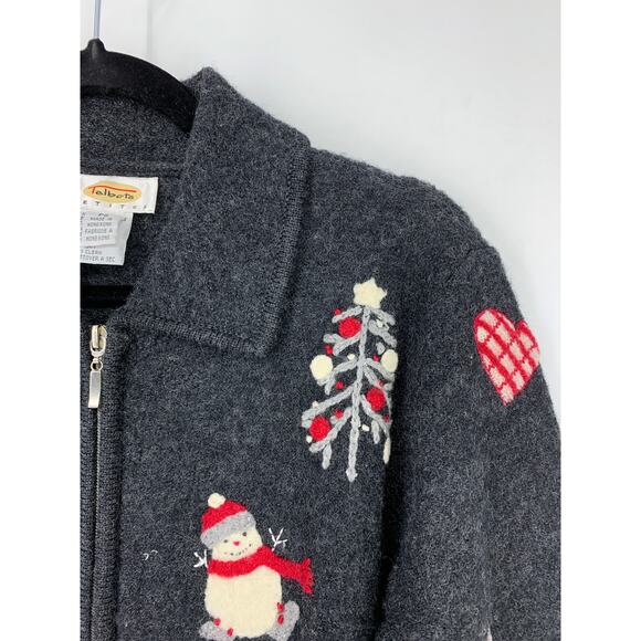 Talbots Women's Size PS Zip Up Holiday Snowman Cardigan Sweater Gray Wool - Picture 2 of 5
